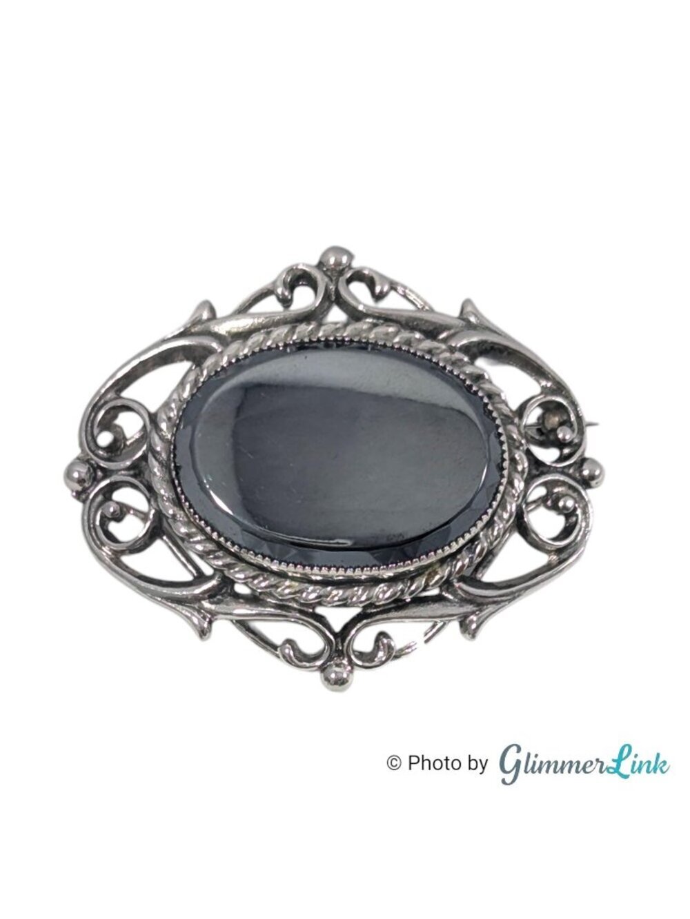Vintage Hematite Glass Filigree Oval Silver Tone Brooch